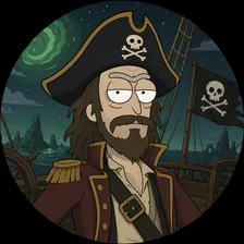 Cartoon portrait of Nicki as a pirate captain: long brown hair, beard, tricorn hat with a skull and crossbones, and a red officer’s coat, on a ship’s deck under a green cosmic swirl.