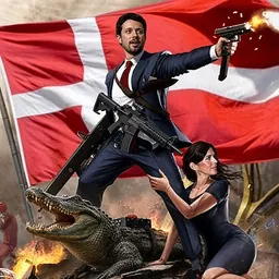Action-poster style illustration: a bearded man in a navy suit and red tie fires a pistol, a rifle slung across his chest, in front of a large waving Danish flag. A snarling crocodile lunges at his feet amid flames, and a dark-haired woman in a black dress crouches against his leg.