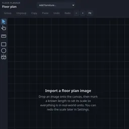 Floor Planner in a browser: a dark grid canvas with a tool rail and a prompt to import a floor plan image.